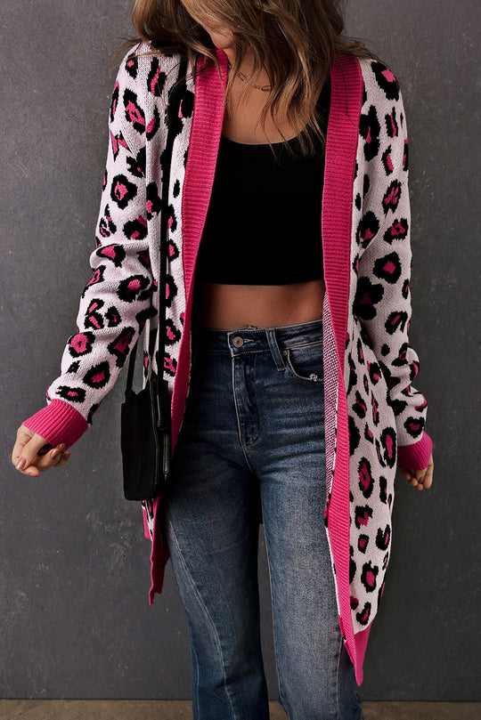 EB | Leopard-Kontrastbesatz Offene Vorderseite Langarmlange Strickjacke