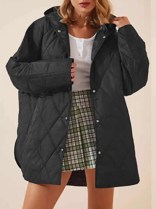 EB | Puffer schwarze und beige Winterjacke für Damen - warm und oversized