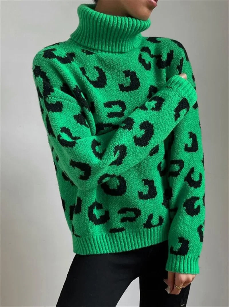 EB | Lässiger Rollkragen-Strickpullover mit Leopardenmuster