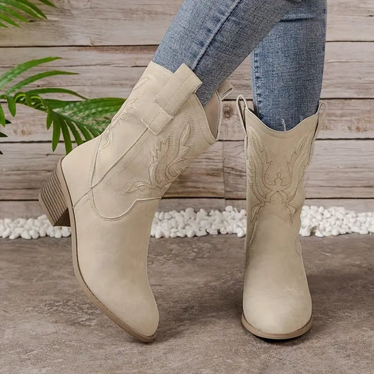 EB | Vintage Western Cowboy-Stiefel mit V-Ausschnitt-Stickerei und Blockabsatz