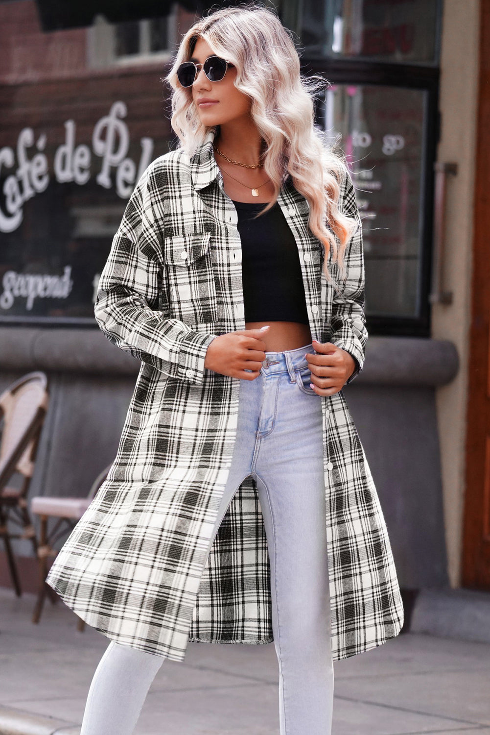 EB | Karierter Button-Up Longline Shacket mit Brusttaschen