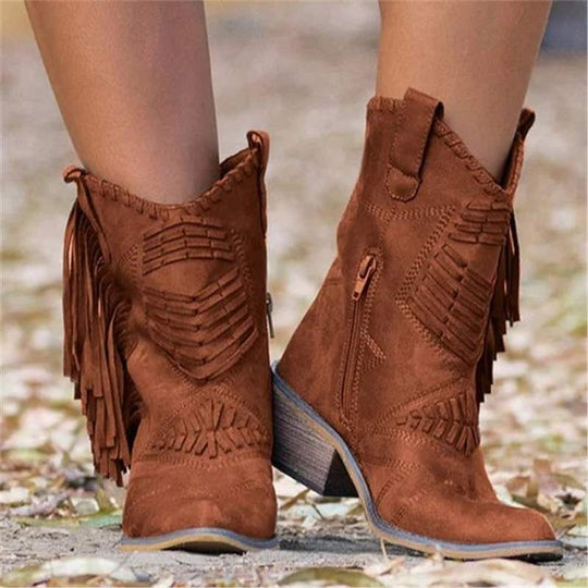 Stylische Damen Stiefel mit Fransen EB