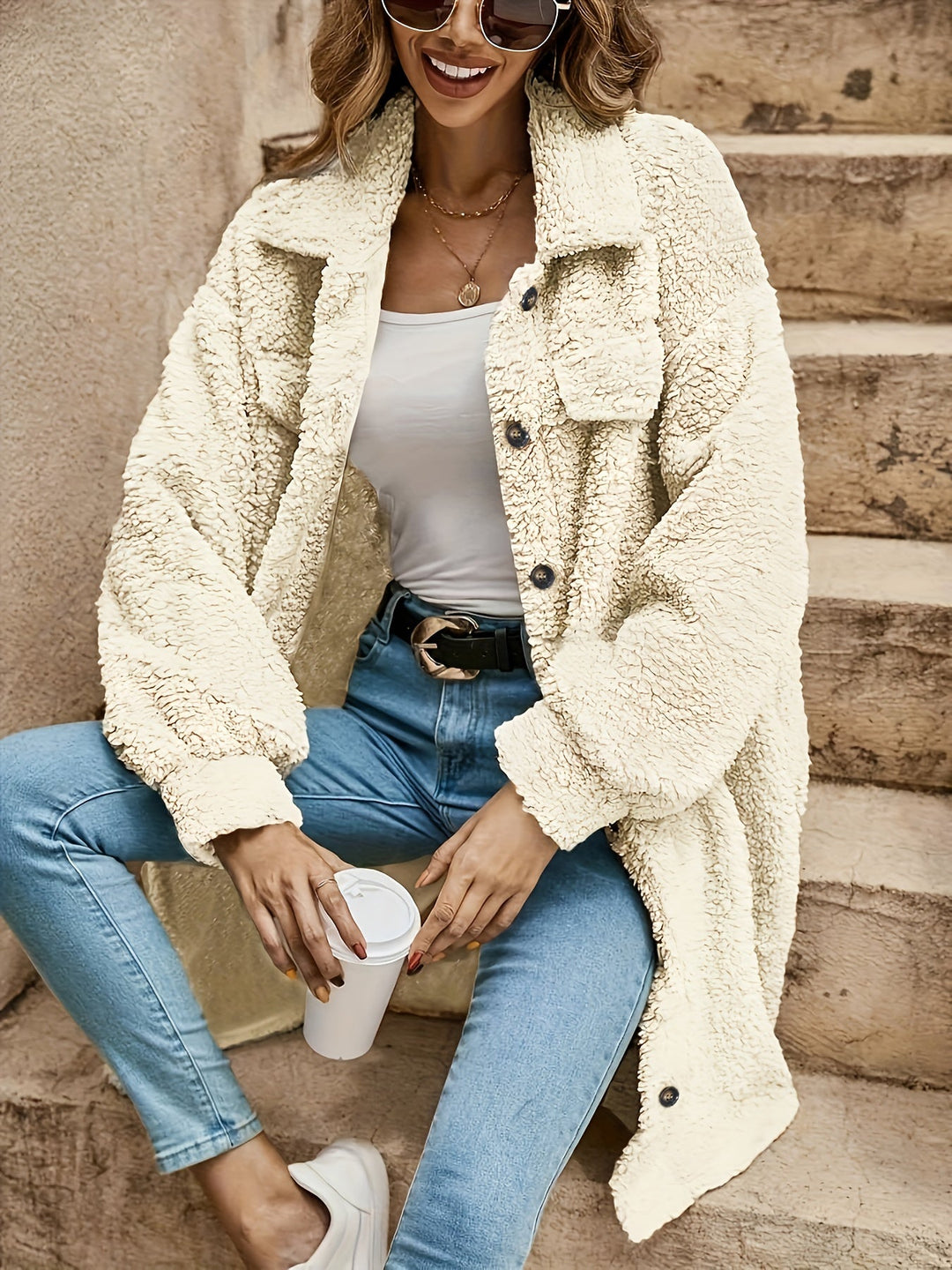 EB | Lange Jacke Im Sherpa-stil Polyester Warm und Stilvoll