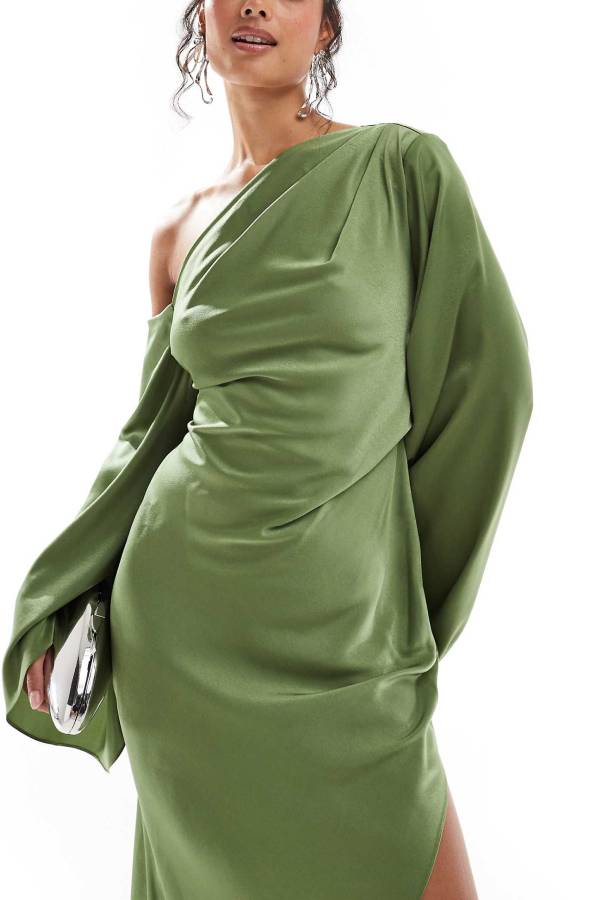 EB | Zayla Satin Asymmetrisches Ein Schulter Glockenärmel Schlitz Maxi Kleid