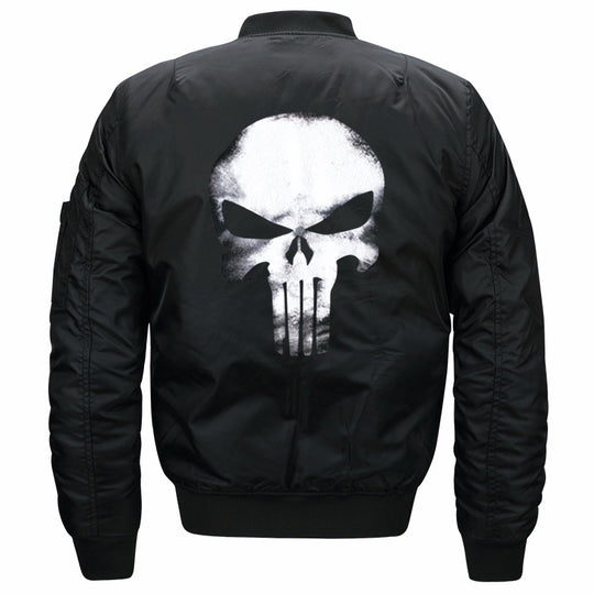 Men's  skull-back printed lightweight nylon bomber jacket with ribbed cuffs and sleeve utility pocket EB