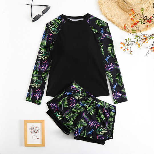 EB | Langarm Print Spleißen Doppelhose Tankini Badeanzug