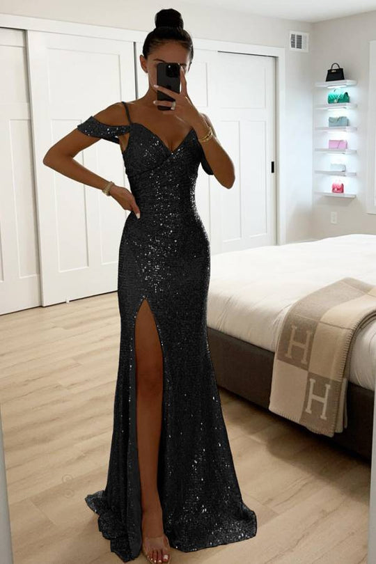 EB | Paillettenspitze Meerjungfrau Abschlussballkleider mit Schlitz Off-Shoulder Abendkleid