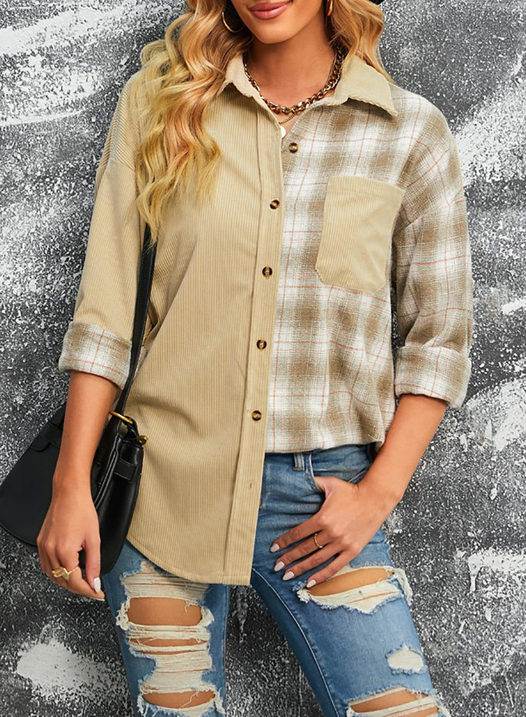 EB | Karierte Farbblock Gefallen Schulter Corduroy Shacket