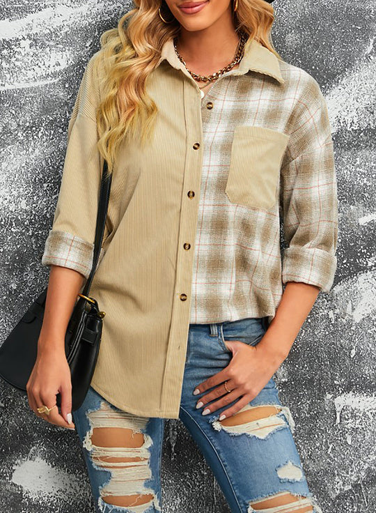 EB | Karierte Farbblock Gefallen Schulter Corduroy Shacket