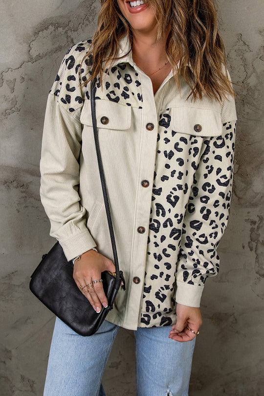 EB | Double Take Leopard Print Pocketed Cord-Jacke