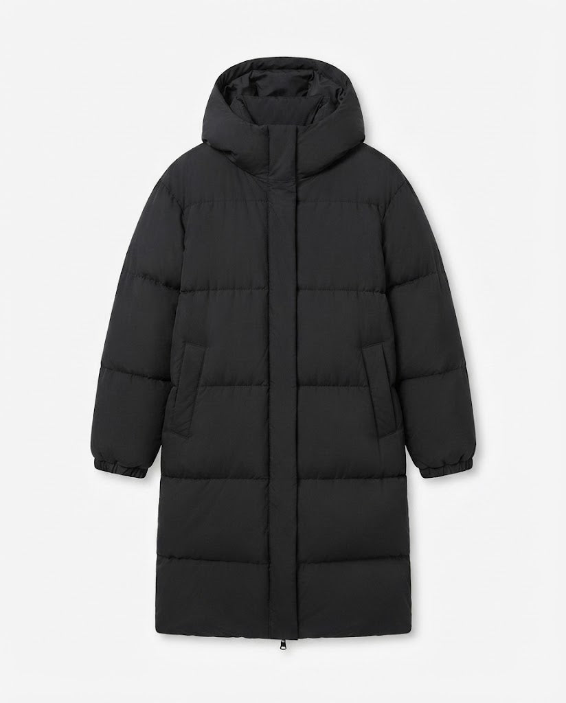Damen nan ultrawattierter Longline-Puffer mit ergonomischer Kapuze, verdeckter Druckknopfblende und thermoregulierender Isolierung EB