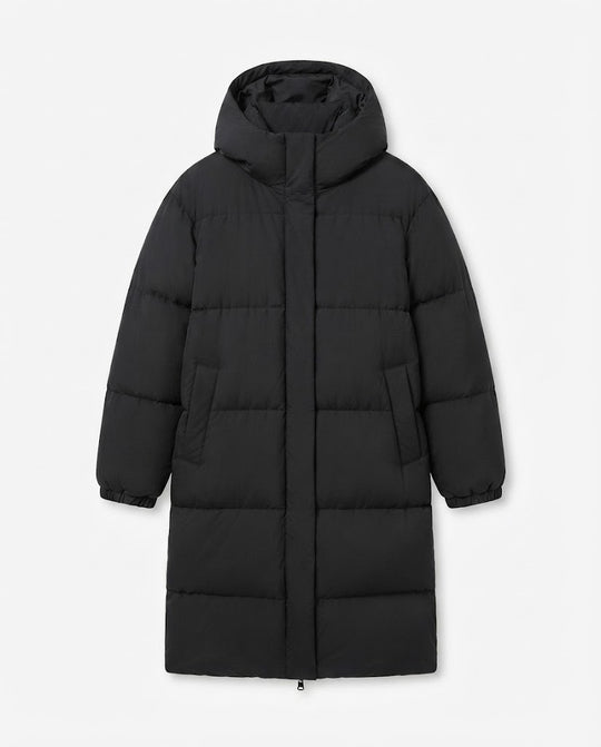 Damen nan ultrawattierter Longline-Puffer mit ergonomischer Kapuze, verdeckter Druckknopfblende und thermoregulierender Isolierung EB