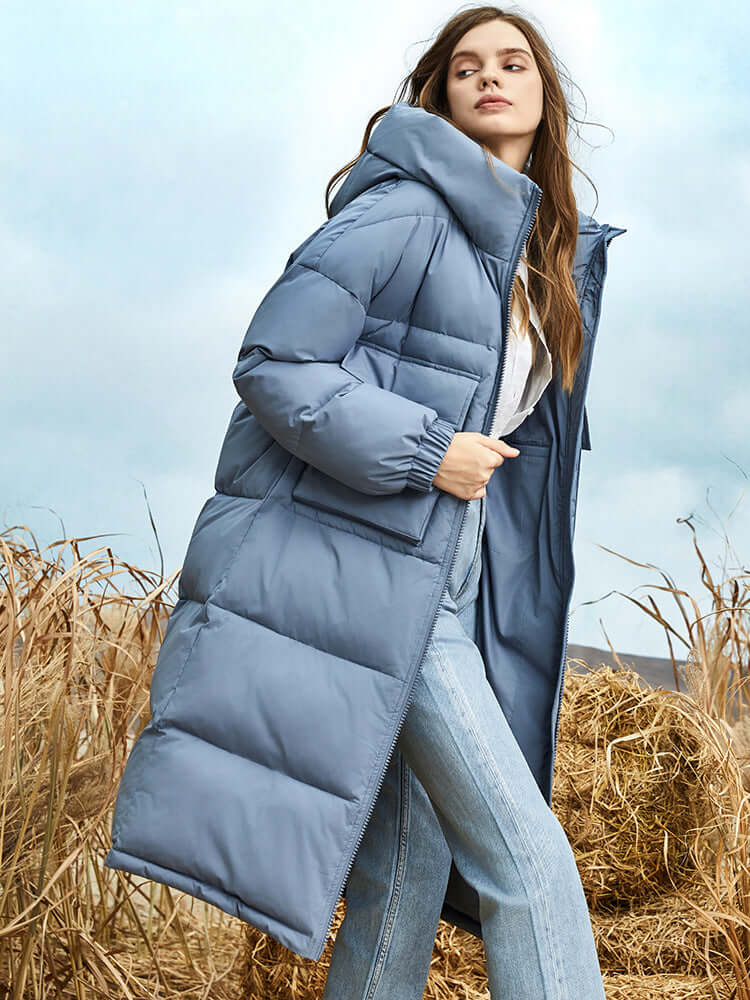EB | Damen Lange Winter Pufferjacke mit Kapuze