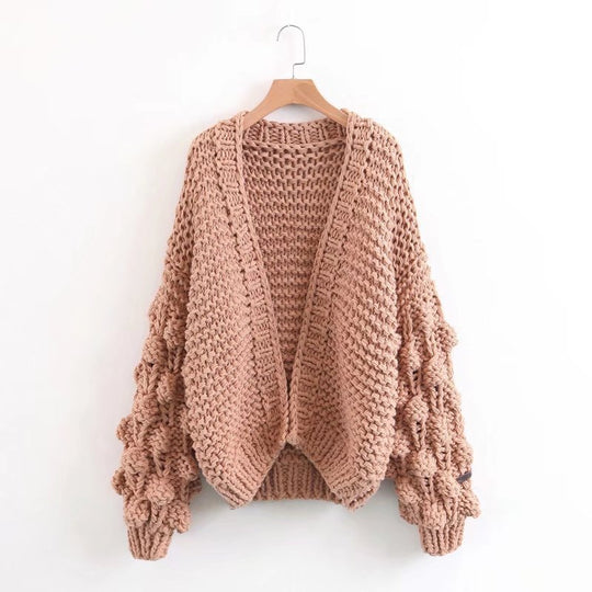 Damen Grob gestrickte Oversized-Jacke mit hohem Kragen und Kapuzendesign EB