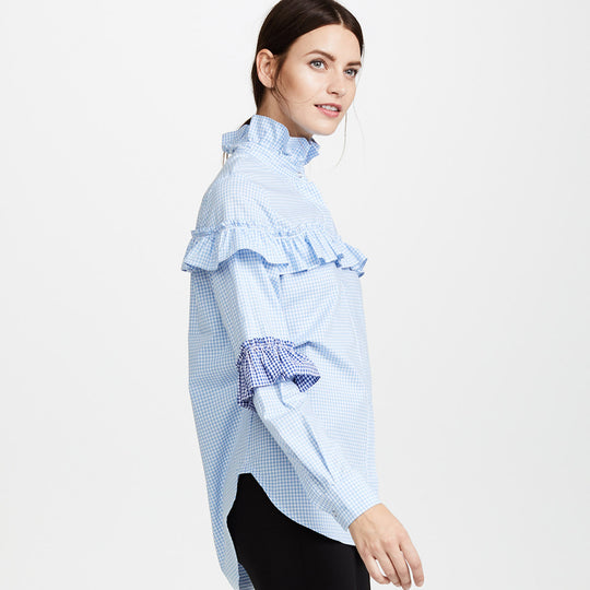 Damen Bluse mit Rüschenverarbeitung und gestreiften Puffärmeln EB
