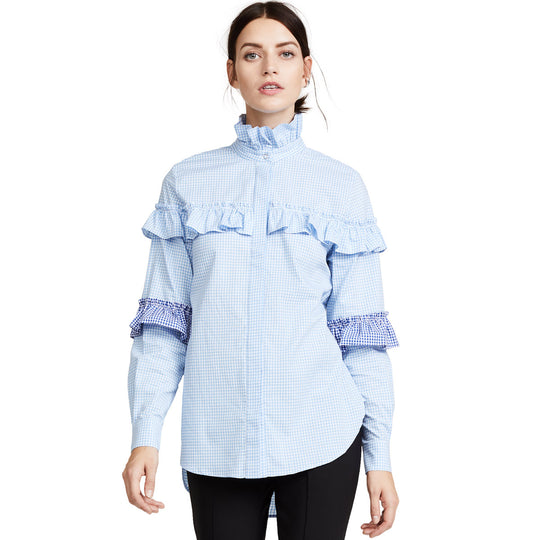 Damen Bluse mit Rüschenverarbeitung und gestreiften Puffärmeln EB