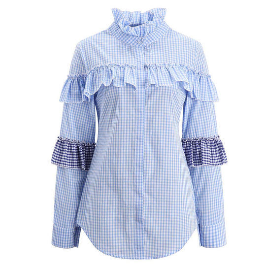 Damen Bluse mit Rüschenverarbeitung und gestreiften Puffärmeln EB
