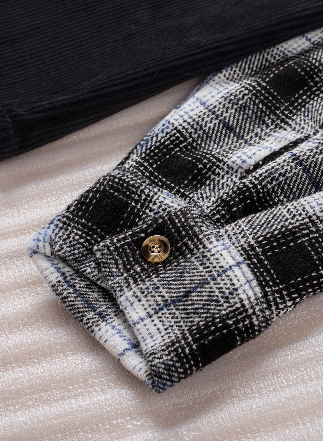 EB | Karierte Farbblock Gefallen Schulter Corduroy Shacket