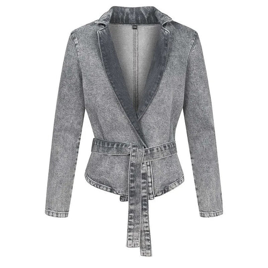 EB | Jeansjacke mit Gürtel, Stehkragen und langen Ärmeln