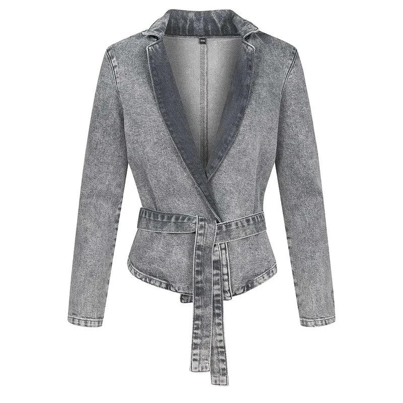 EB | Lässige Denim-Jacke mit Gürtel, Stehkragen und Langen Ärmeln
