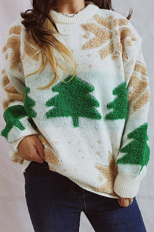 EB | Weihnachtsmuster Gestrickter Rundhalsausschnitt Langarmpullover