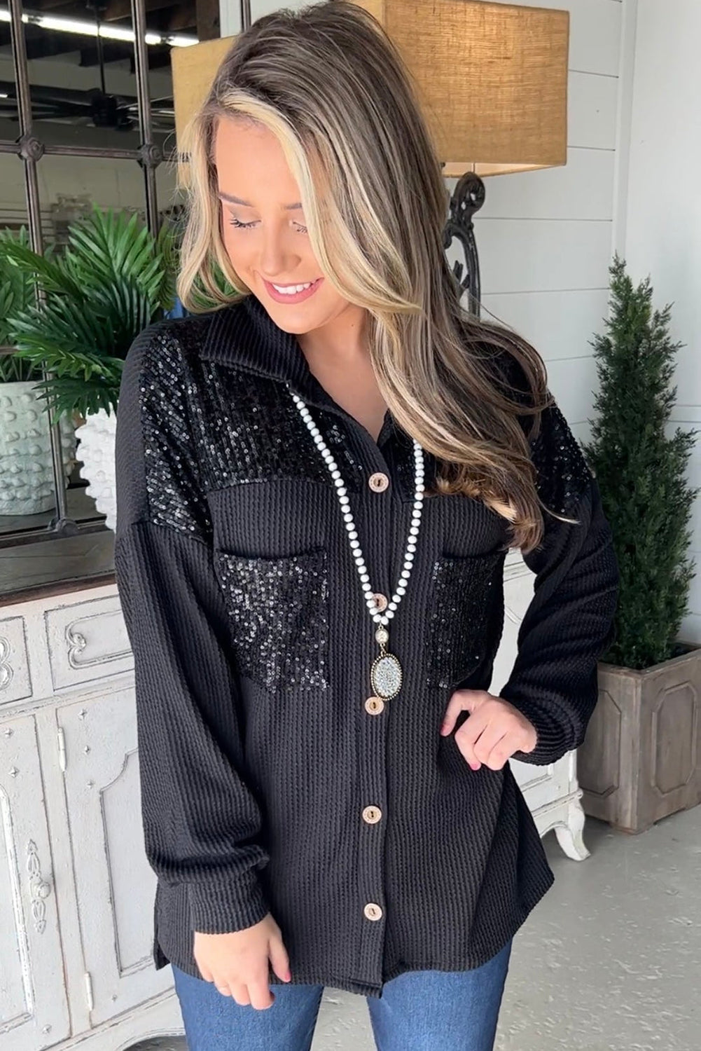 EB | Gerippte Blusenjacke mit Pailletten-details Polyester-mischung Festlich und Trendy