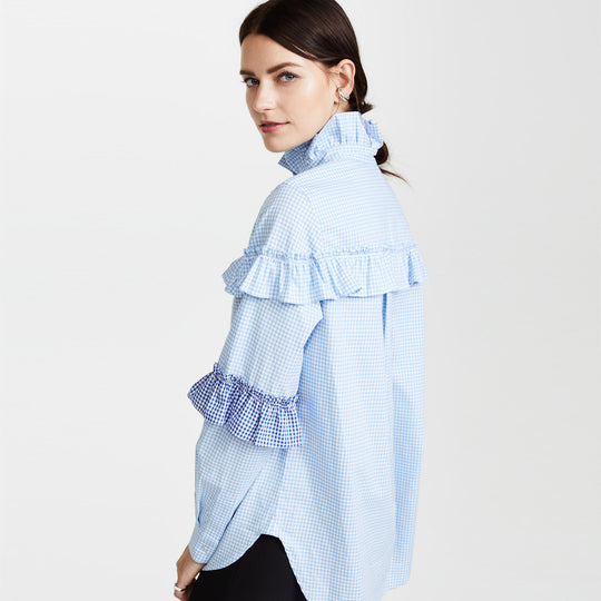 Damen Bluse mit Rüschenverarbeitung und gestreiften Puffärmeln EB