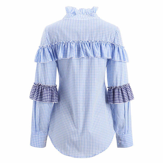 Damen Bluse mit Rüschenverarbeitung und gestreiften Puffärmeln EB
