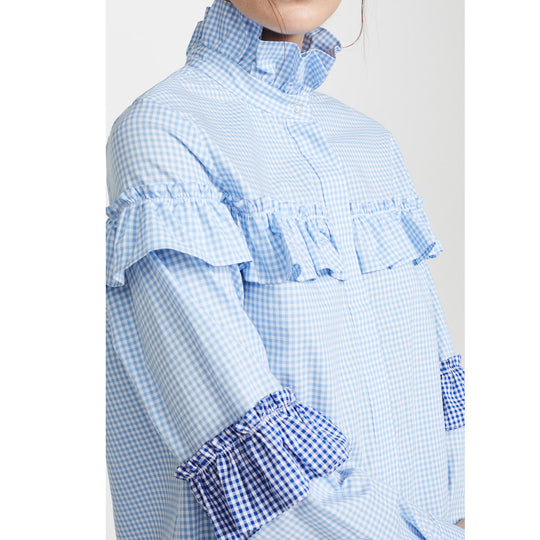 Damen Bluse mit Rüschenverarbeitung und gestreiften Puffärmeln EB