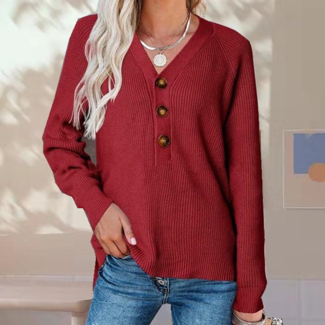 EB | Pullover - Damen Herbst Knopf V-Ausschnitt Strickpullover