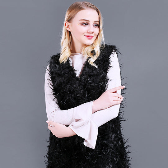 Damen Flauschige Kaftan-Weste aus Kunstpelz mit tiefem V-Ausschnitt und Seitentaschen EB