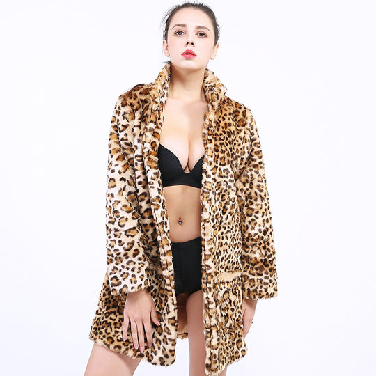 Damen Modische Leopardenfelljacke mit hohem Kragen und praktischen Taschen EB