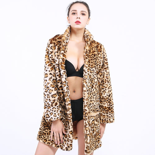 Damen Modische Leopardenfelljacke mit hohem Kragen und praktischen Taschen EB