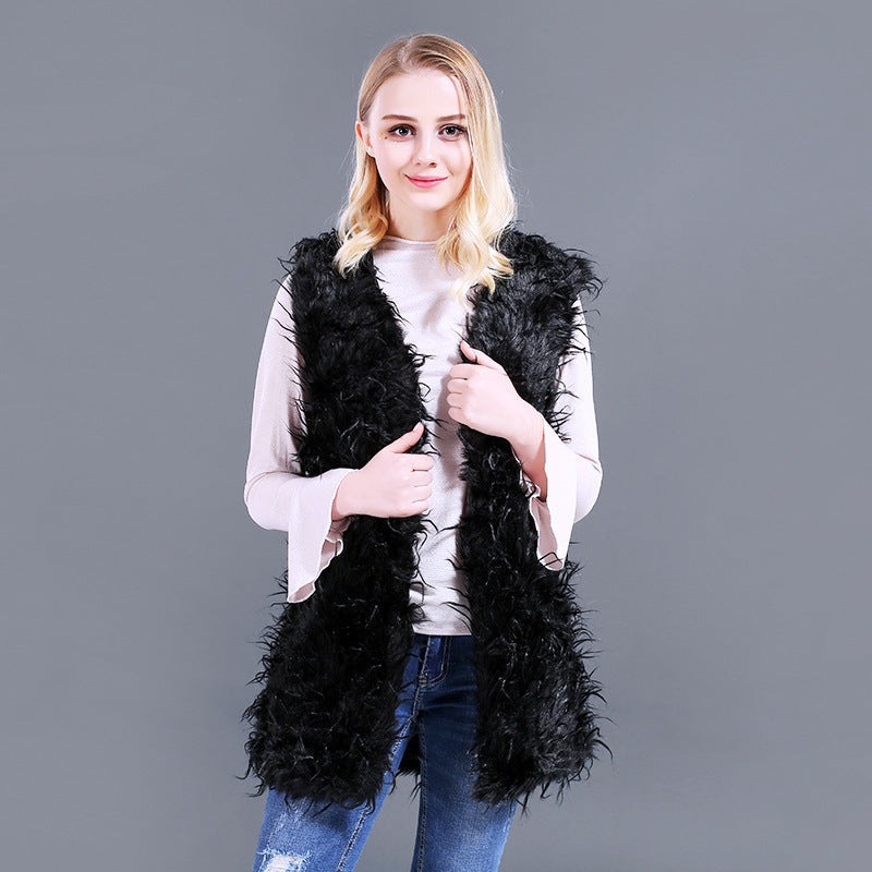Damen Flauschige Kaftan-Weste aus Kunstpelz mit tiefem V-Ausschnitt und Seitentaschen EB