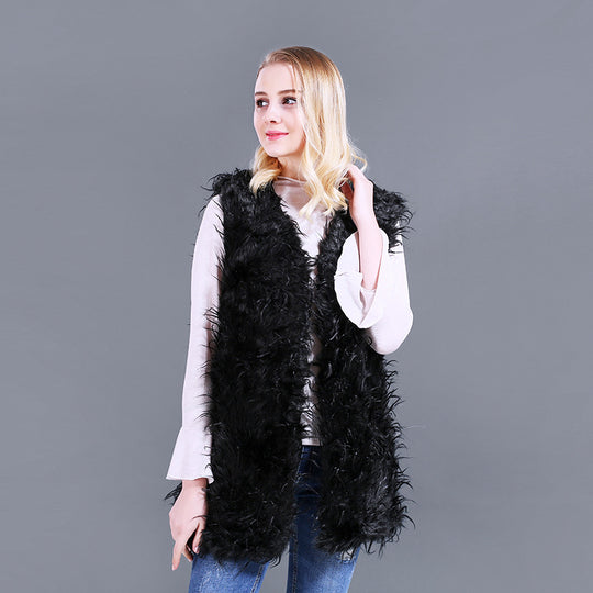 Damen Flauschige Kaftan-Weste aus Kunstpelz mit tiefem V-Ausschnitt und Seitentaschen EB