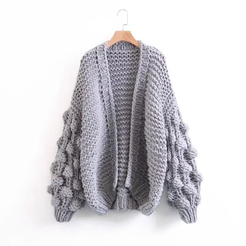Damen Grob gestrickte Oversized-Jacke mit hohem Kragen und Kapuzendesign EB