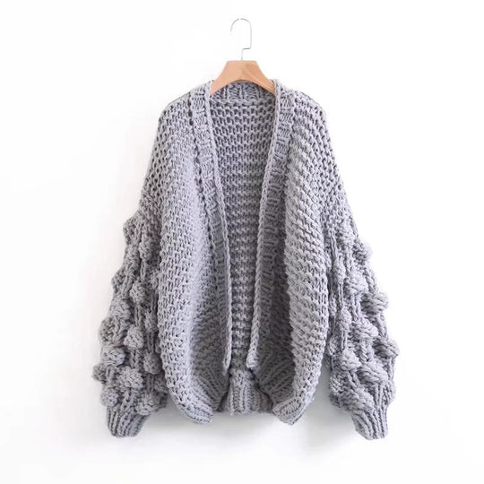 Damen Grob gestrickte Oversized-Jacke mit hohem Kragen und Kapuzendesign EB