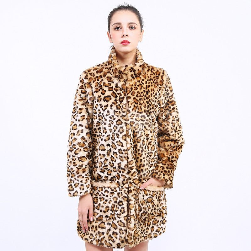 Damen Modische Leopardenfelljacke mit hohem Kragen und praktischen Taschen EB