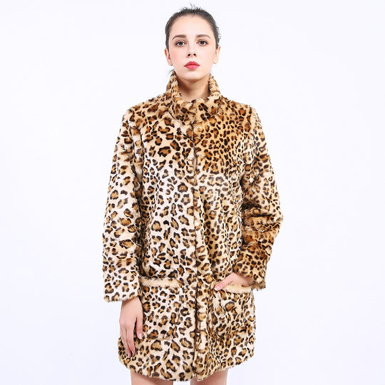 Damen Modische Leopardenfelljacke mit hohem Kragen und praktischen Taschen EB