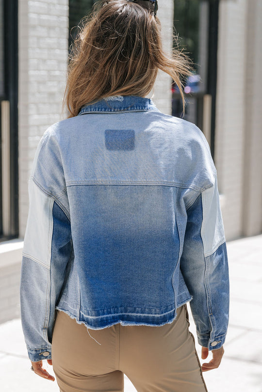EB | Denimjacke mit Patchwork und Fransigem Saum Herbst Frauen
