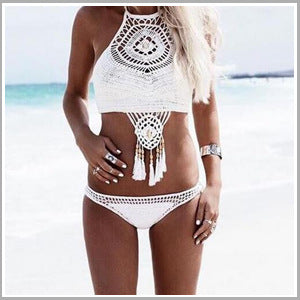 Damen Häkel-Bikini-Set mit einzigartigem Design und Quasten EB