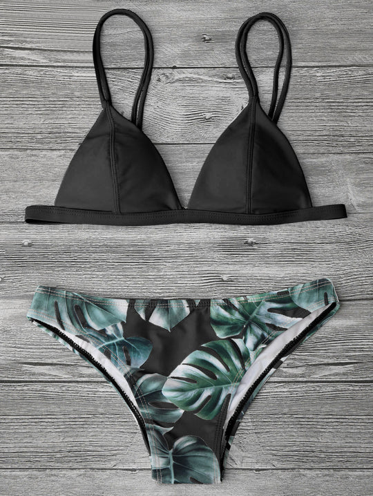 Damen Triangel-Bikini mit trendy Blattmuster EB
