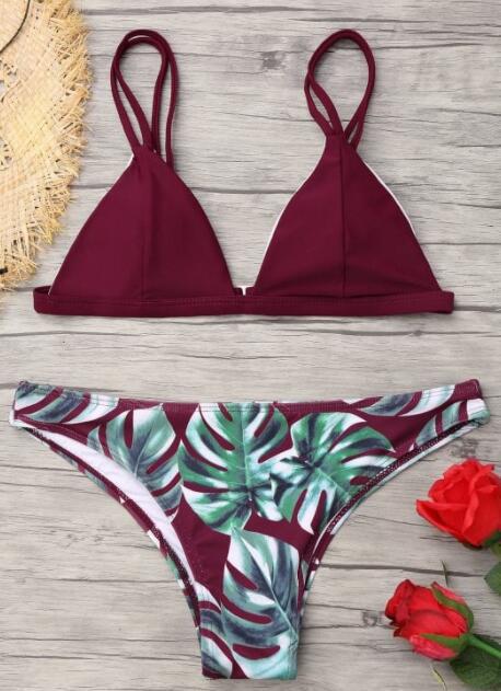 Damen Triangel-Bikini mit trendy Blattmuster EB