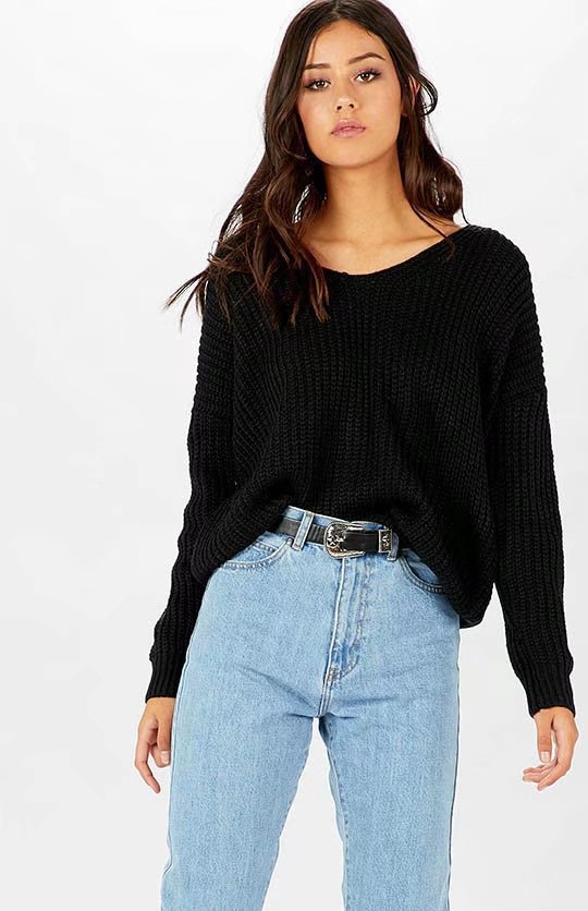 Damen modischer Strickpullover mit extravagantem Rückenausschnitt und Schnürdetails EB