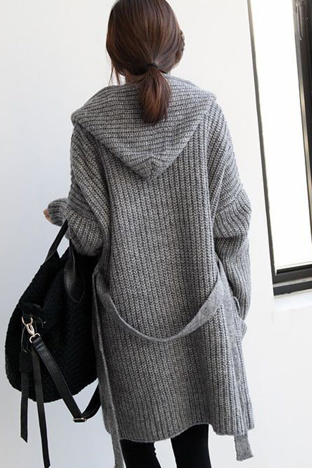 Damen Grobstrick-Longcardigan mit Kapuze und offenen Fronten EB