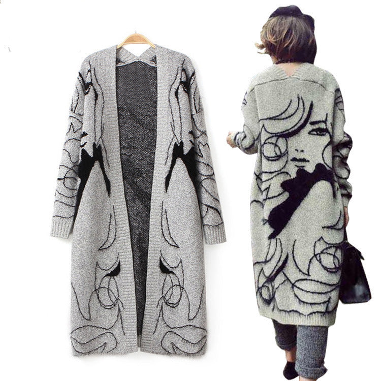 Damen Langarm Strickmantel mit kunstvollem Druck EB