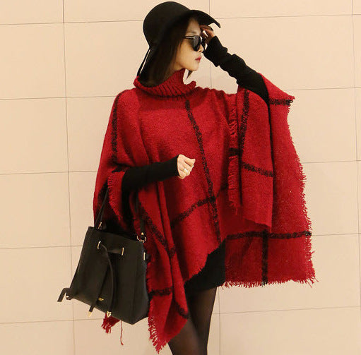 Damen Strickponcho mit hohem Kragen und trendigem Fransen-Design EB