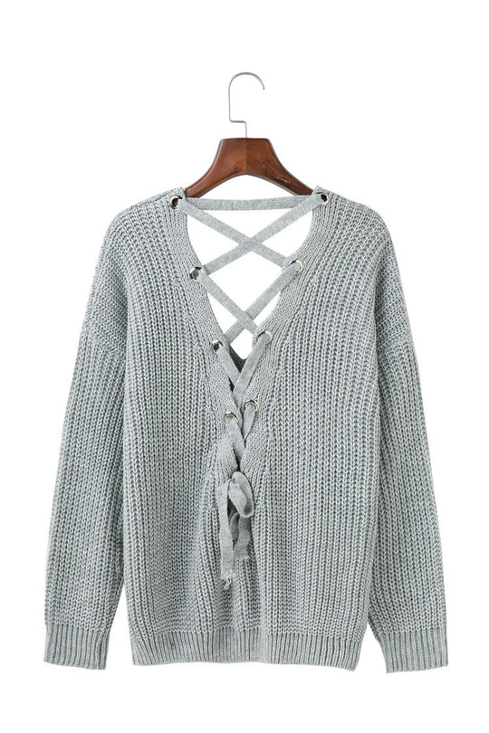 Damen Strickpullover mit dekorativem Rückenausschnitt und Schnürung EB