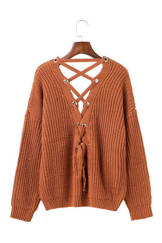Damen Strickpullover mit dekorativem Rückenausschnitt und Schnürung EB