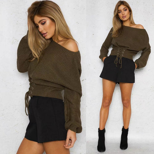 Damen trendiger Strickpullover mit dekorativer Schnürung EB